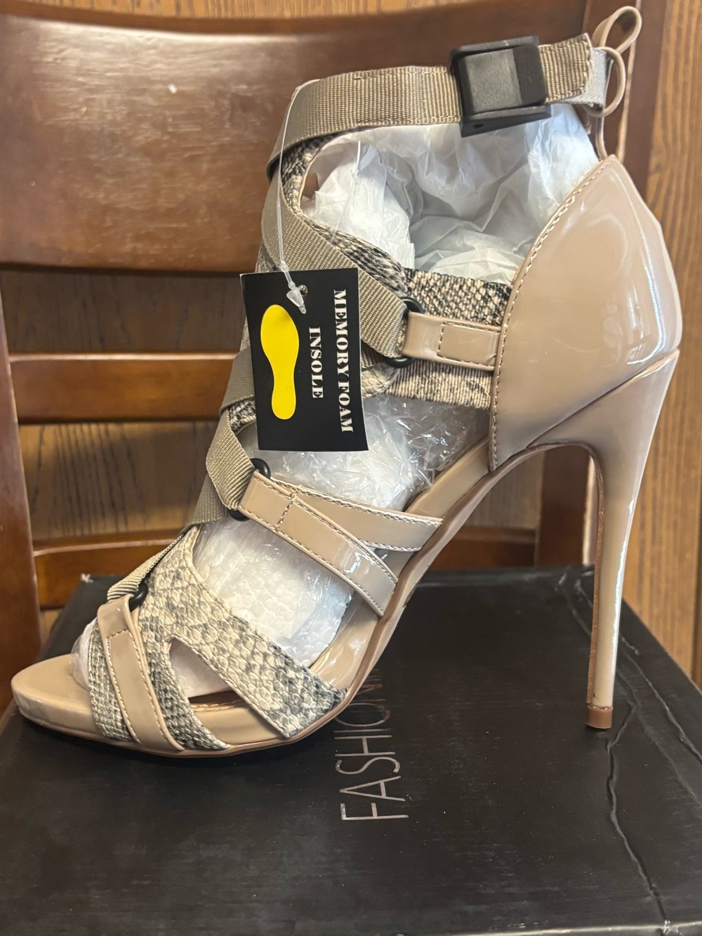 Fashion Nova Nude Patent & Snake-Print Strappy High Heels
